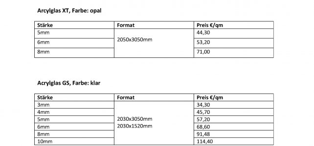 Preisliste Preisliste